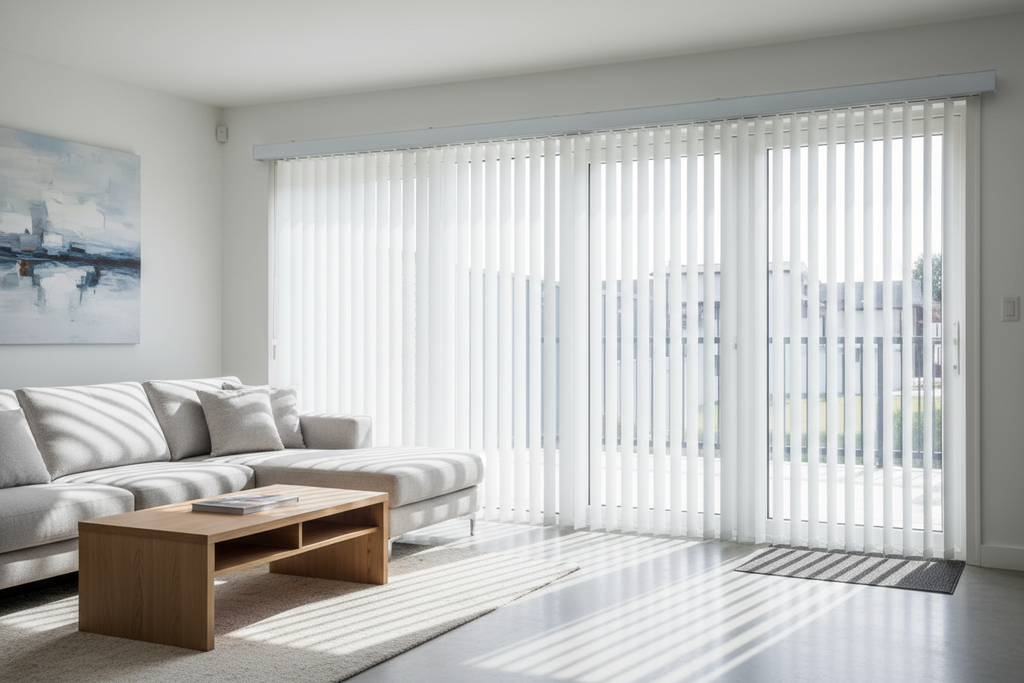 PVC Vertical Blinds in Smooth White hanging over a sliding patio door