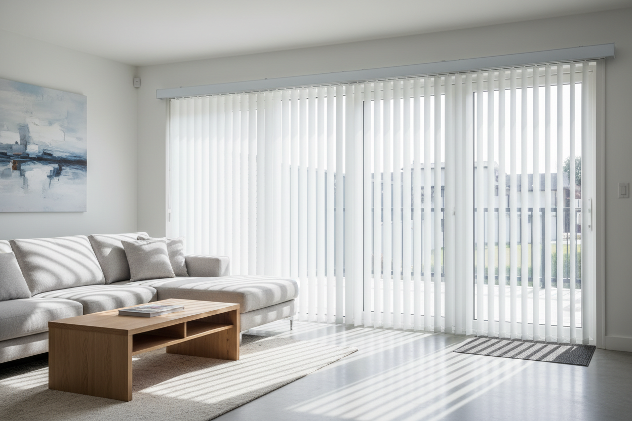 PVC Vertical Blinds in Smooth White hanging over a sliding patio door