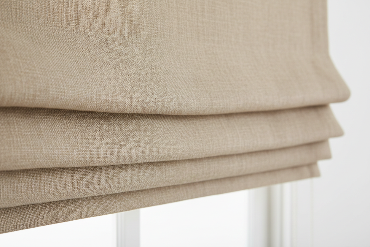 Close-up of soft linen roman shade fabric showing subtle slub texture and fold detail