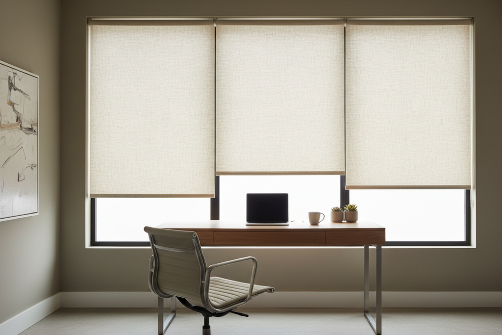 Natural linen roller shades in a modern home office setting