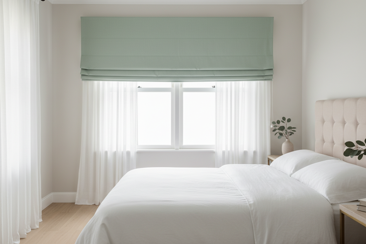 Sage green hobbled roman shades raised showing stacked folds paired with drapery panels