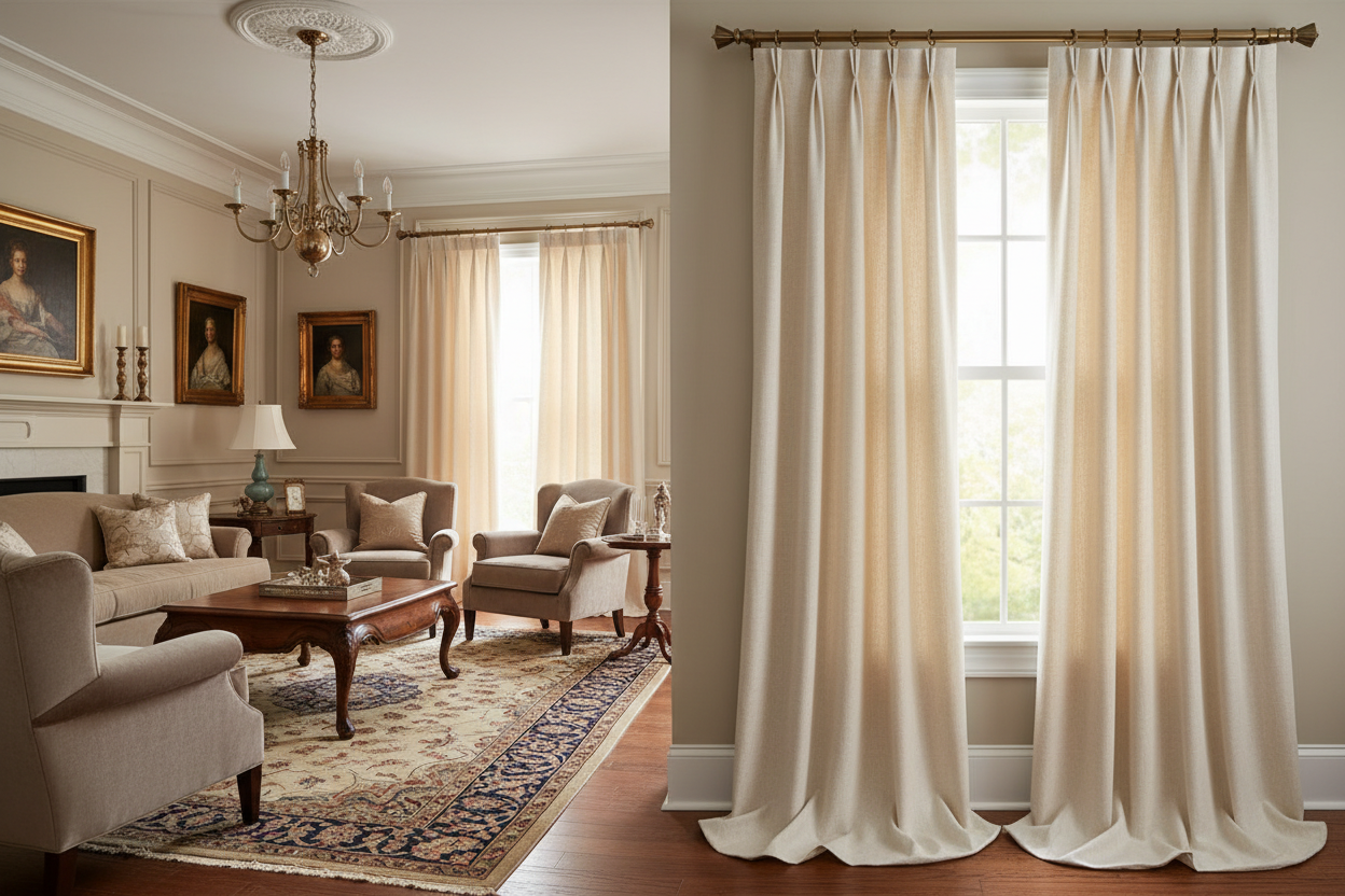 Pinch pleat drapery panels in ivory linen pooling gracefully at the floor in an elegant living room