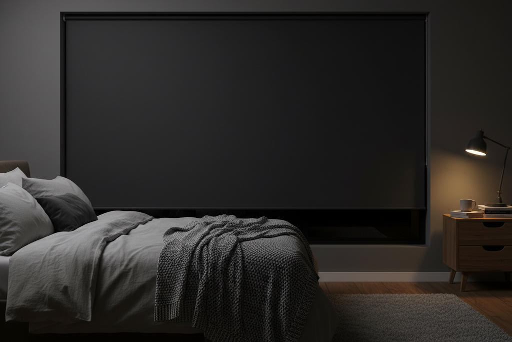 Deep charcoal blackout roller shades blocking all light in a cozy bedroom