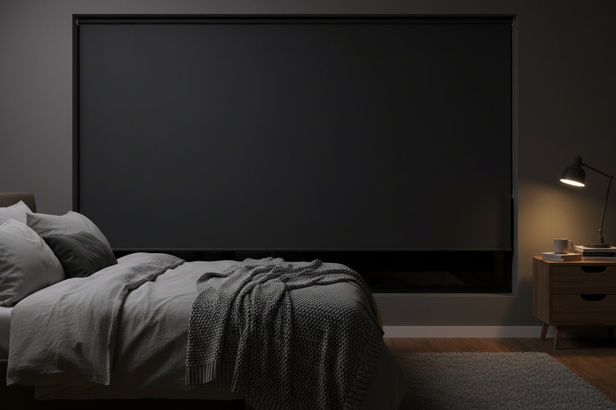 Deep charcoal blackout roller shades blocking all light in a cozy bedroom