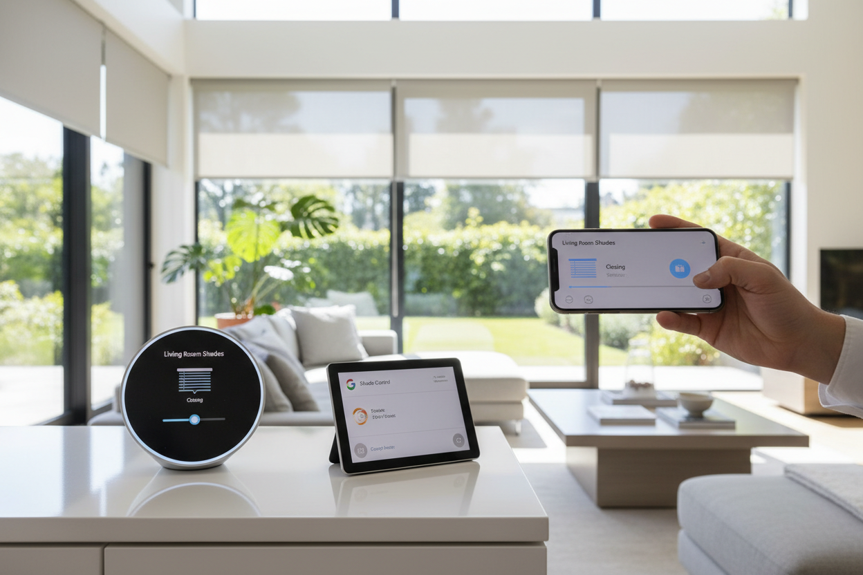 Smart hub connected to motorized shades with voice control via smartphone and smart assistant