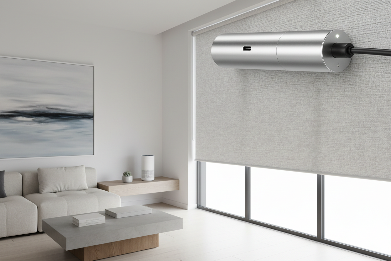 Motorized roller shade with rechargeable USB-C motor installed on a large window in a modern living room