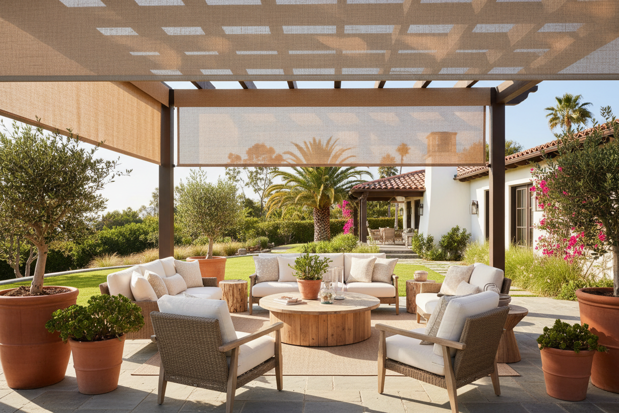 Exterior solar shade in stone color rolled down on a large pergola in a coastal backyard