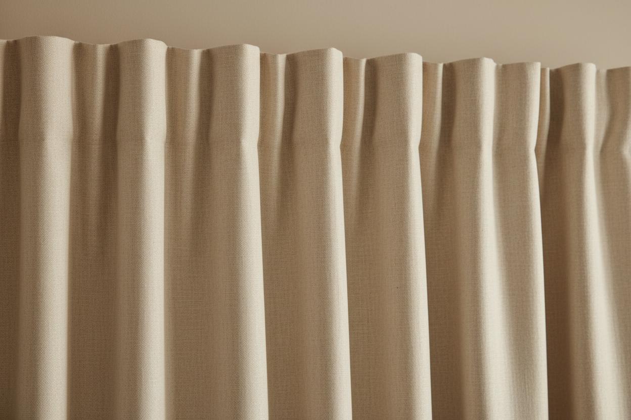 Close-up of hand-sewn three-finger pinch pleat heading on ivory linen drapery