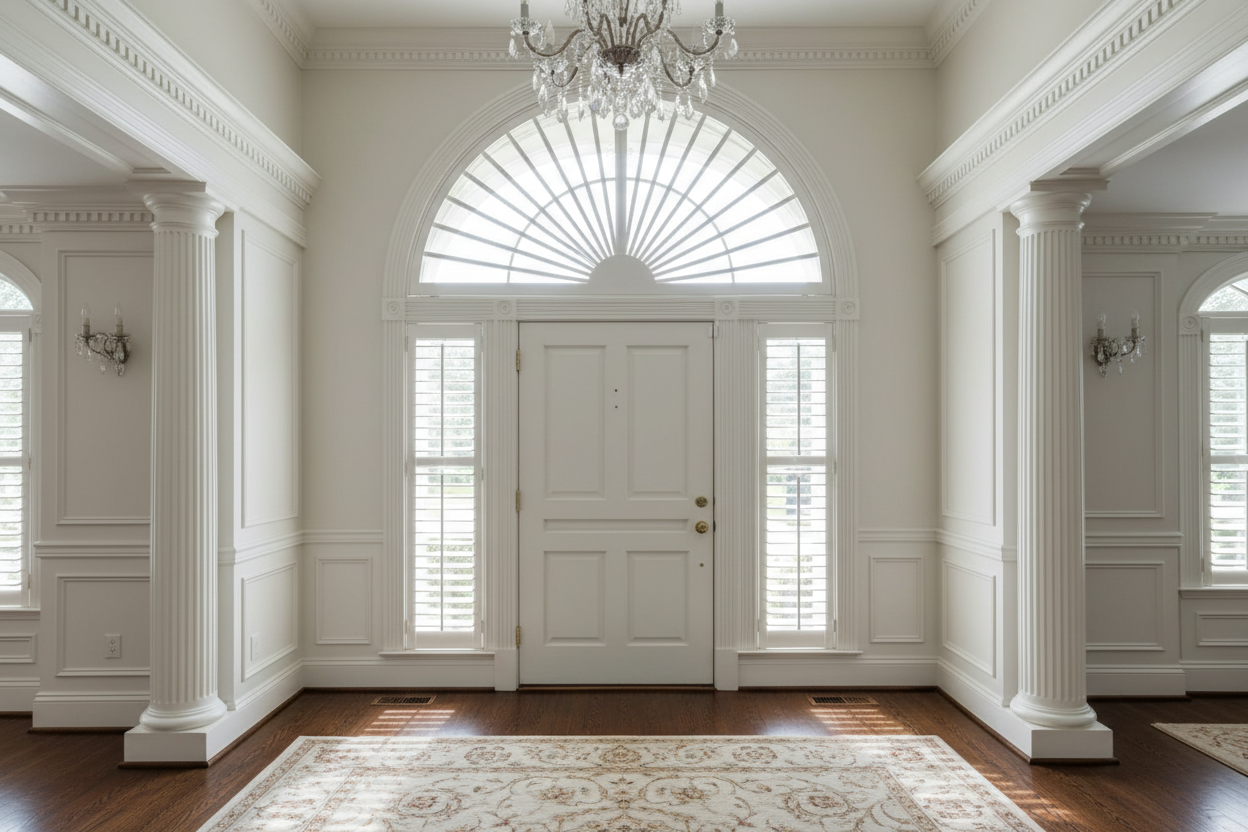 Custom fan shutter in white basswood installed in a grand arched window above a front door