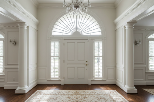 Custom fan shutter in white basswood installed in a grand arched window above a front door
