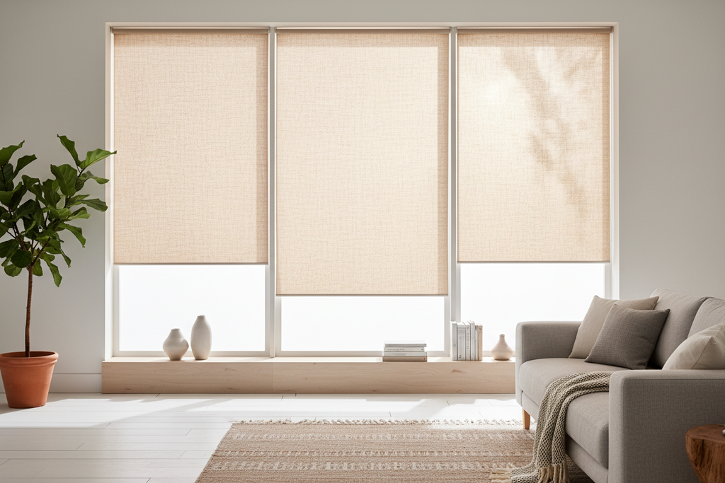 Light filtering roller shades in natural linen in a bright modern living room