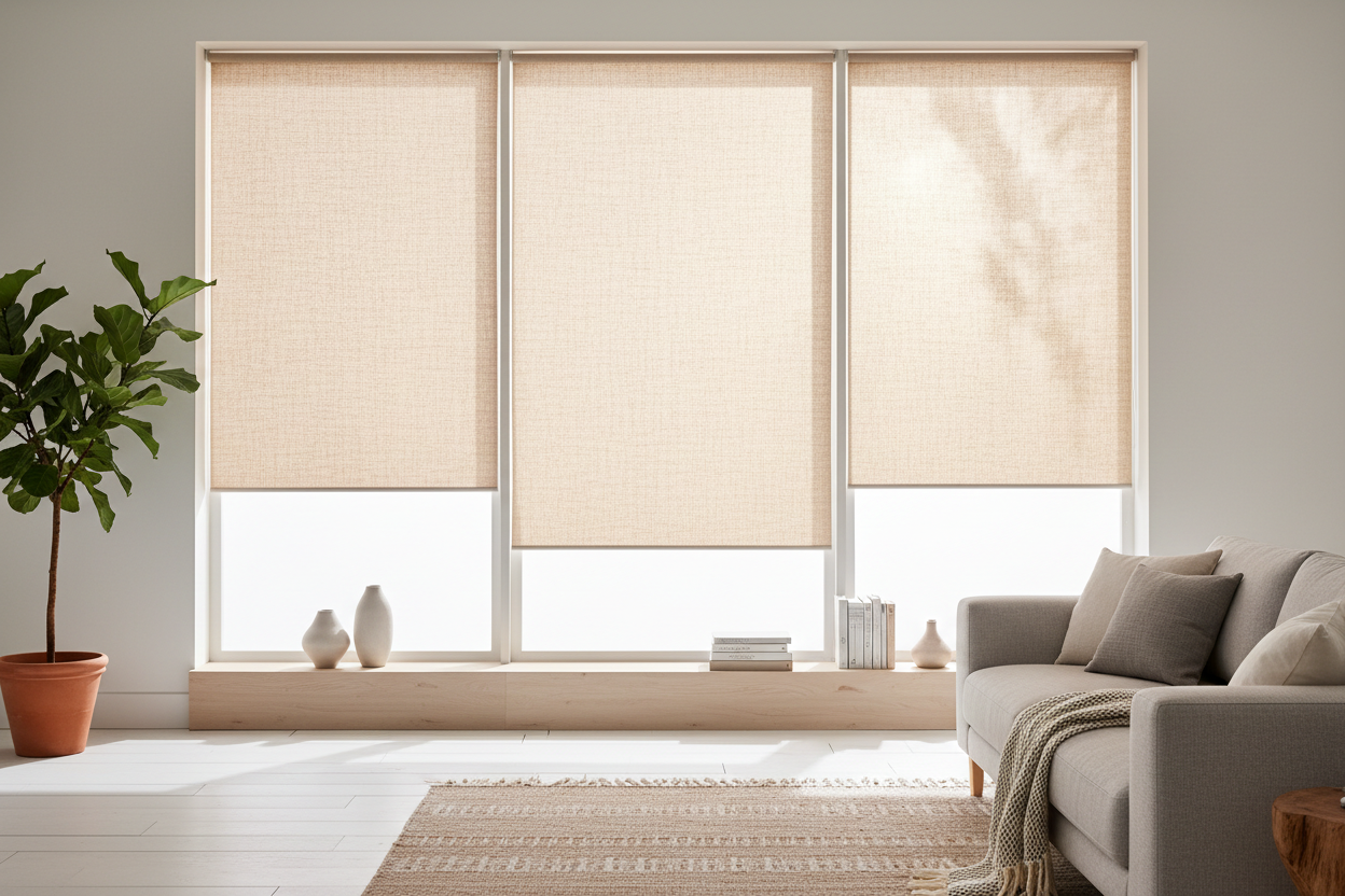 Light filtering roller shades in natural linen in a bright modern living room