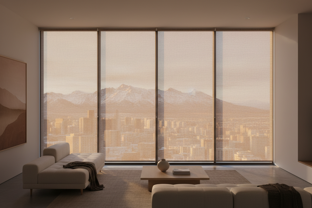 Solar screen shades in stone color with mountain or cityscape view