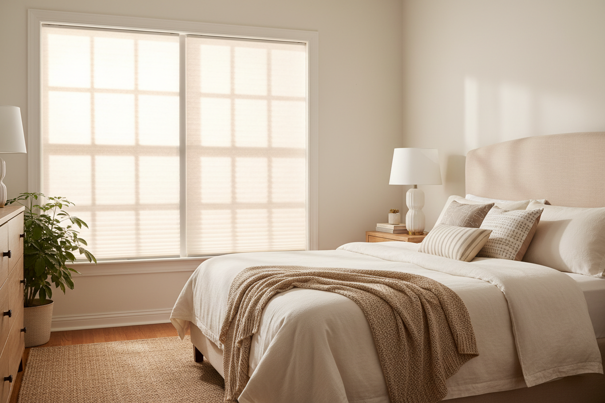 White light filtering honeycomb shades in a cozy bright bedroom