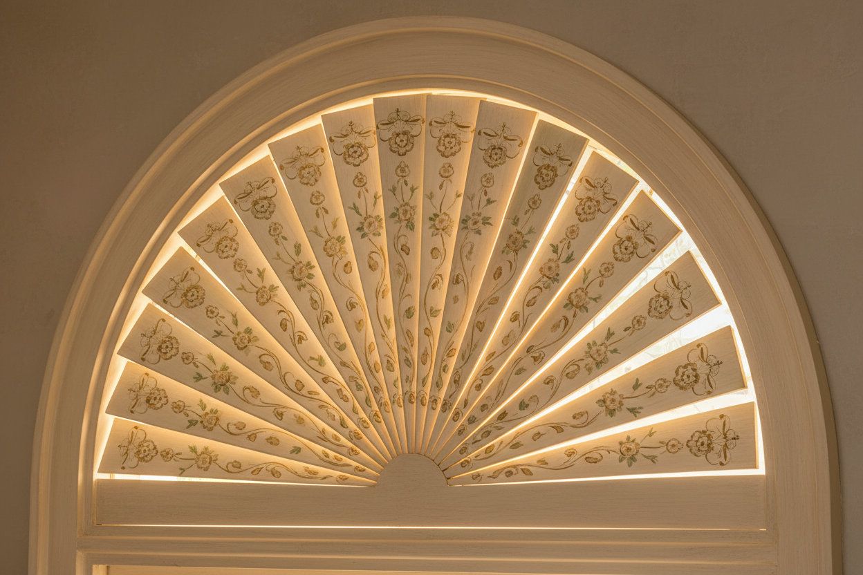 Close-up of custom fan shutter showing hand-painted basswood louver craftsmanship