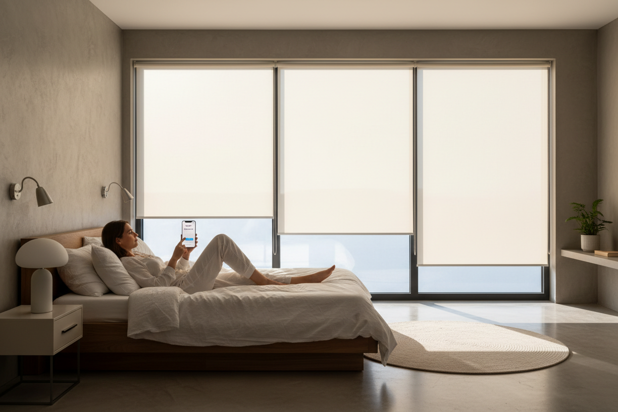 Person controlling motorized roller shades from bed using smartphone app