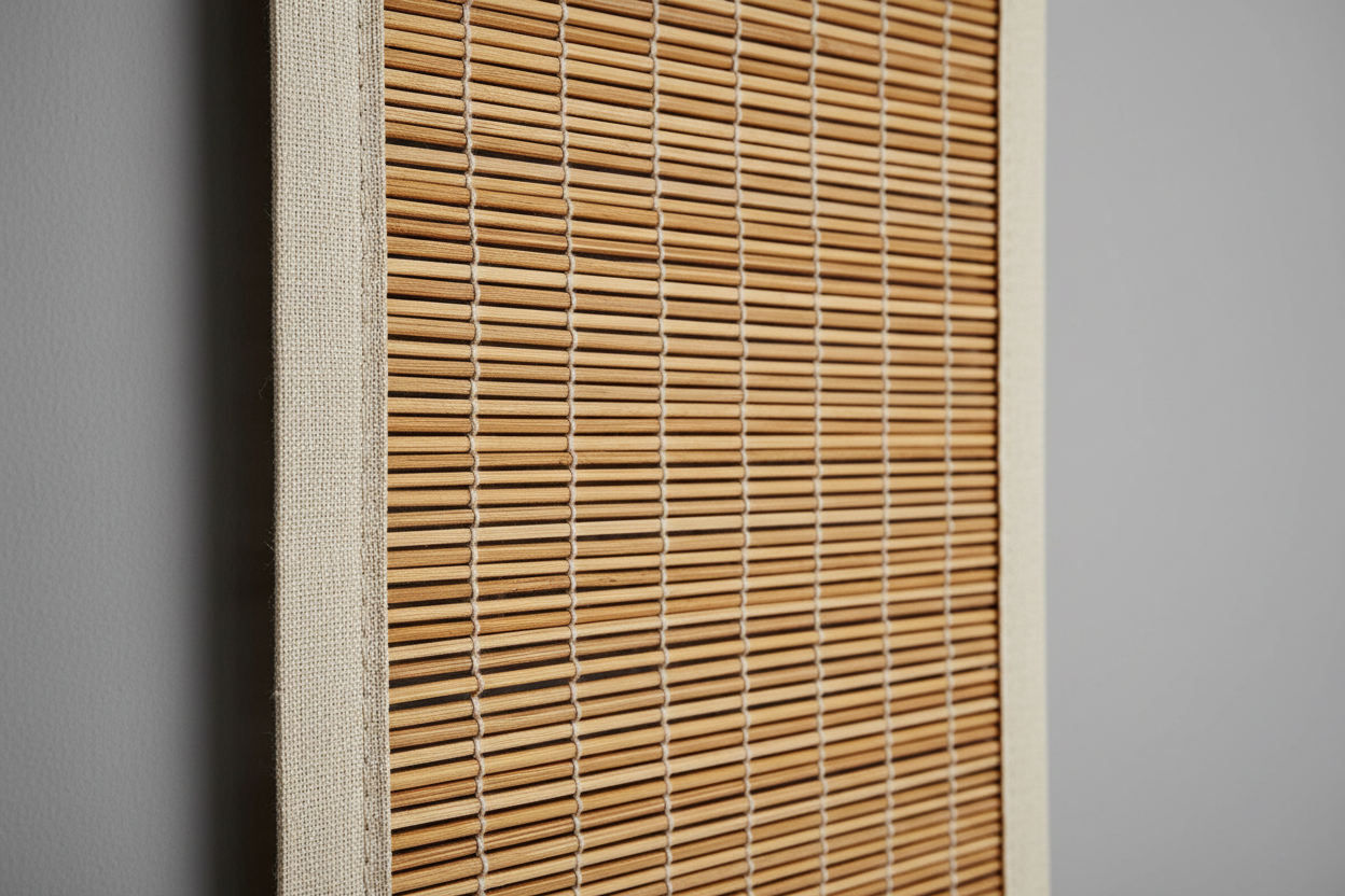 Close-up of hand-woven natural bamboo reed texture with subtle color variation and decorative edge banding