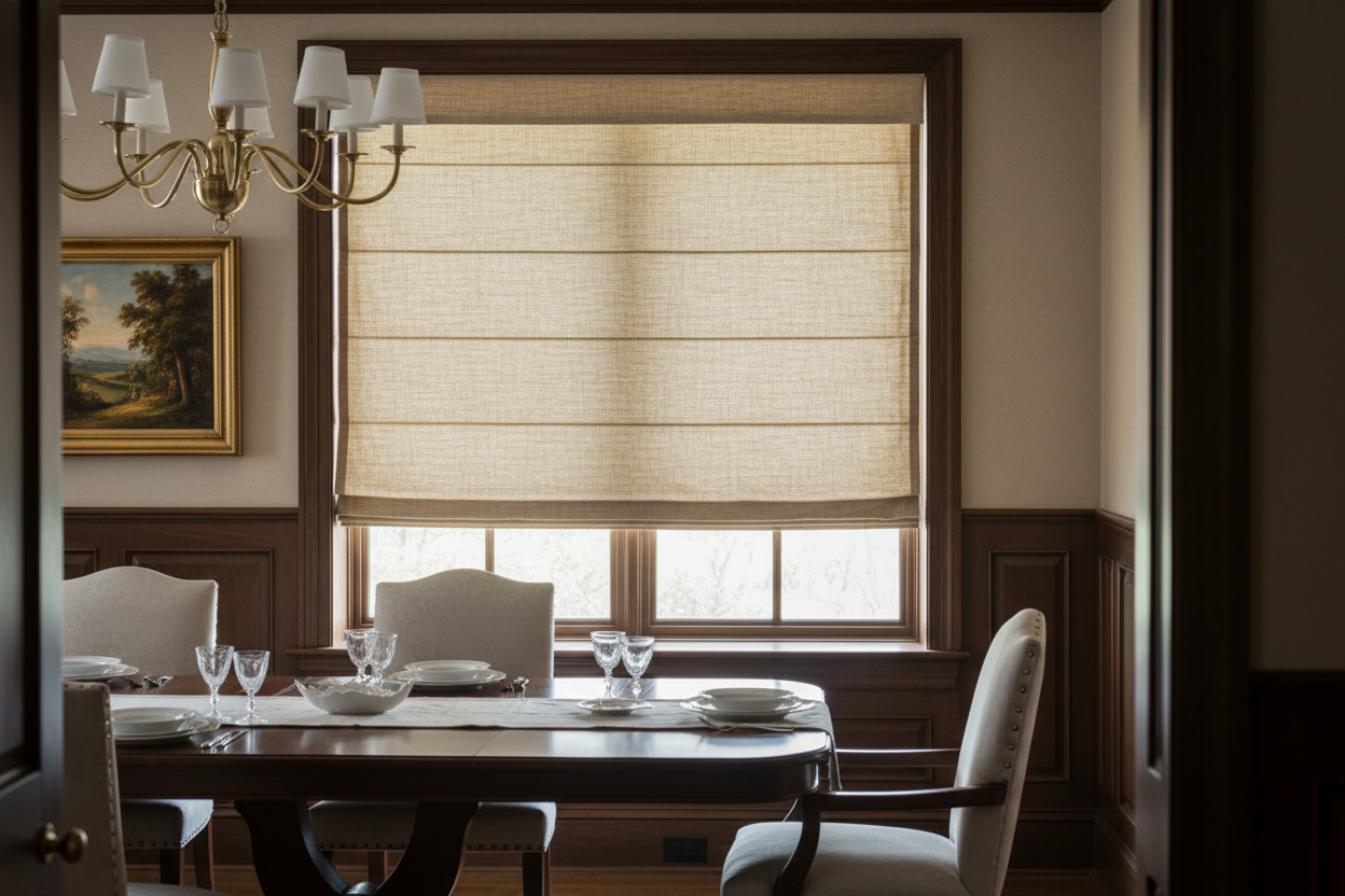 Flat fold roman shades in soft linen fully lowered in an elegant dining room