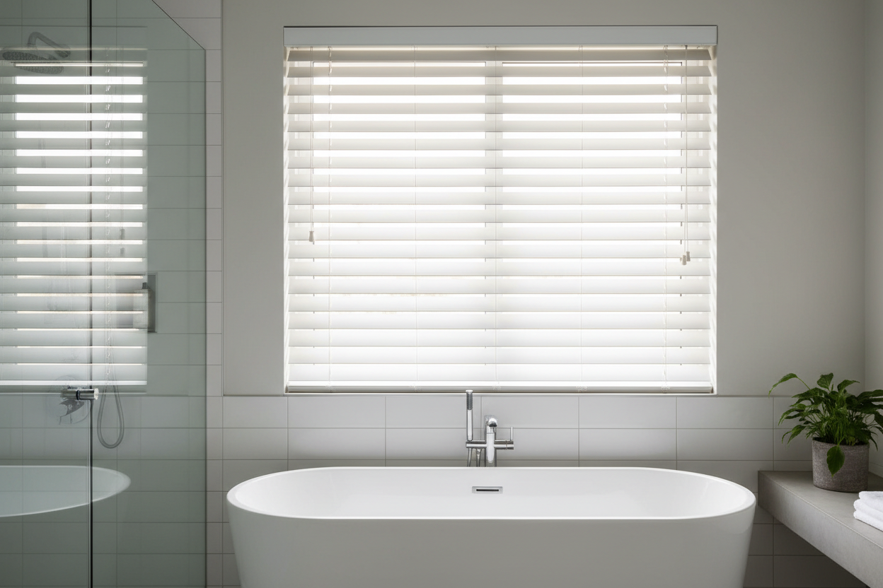 2 inch faux wood blinds in soft white in a bright bathroom window