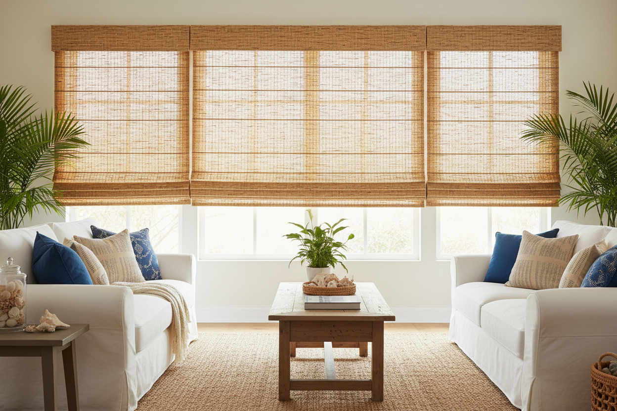 Bamboo roman woven wood shades in a bright coastal California-style living room