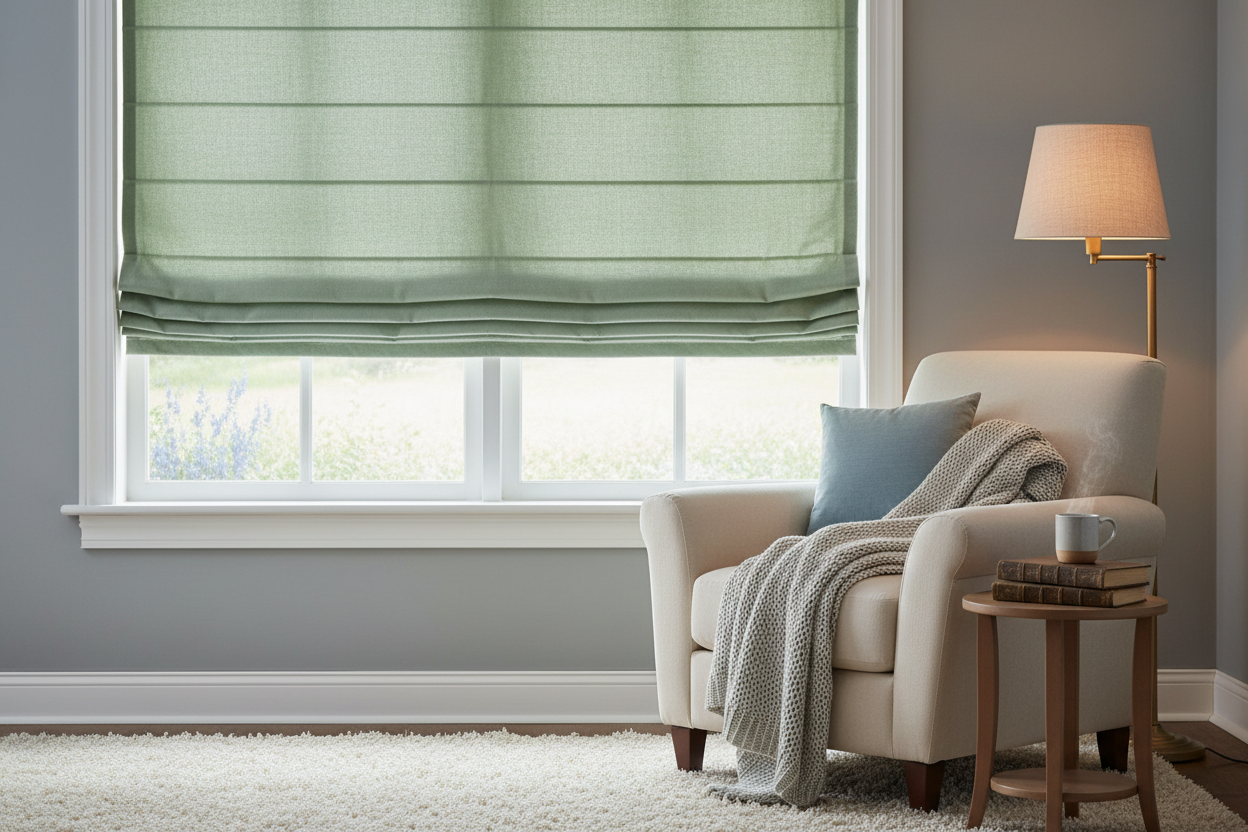Sage green hobbled roman shades in a cozy bedroom reading nook setting