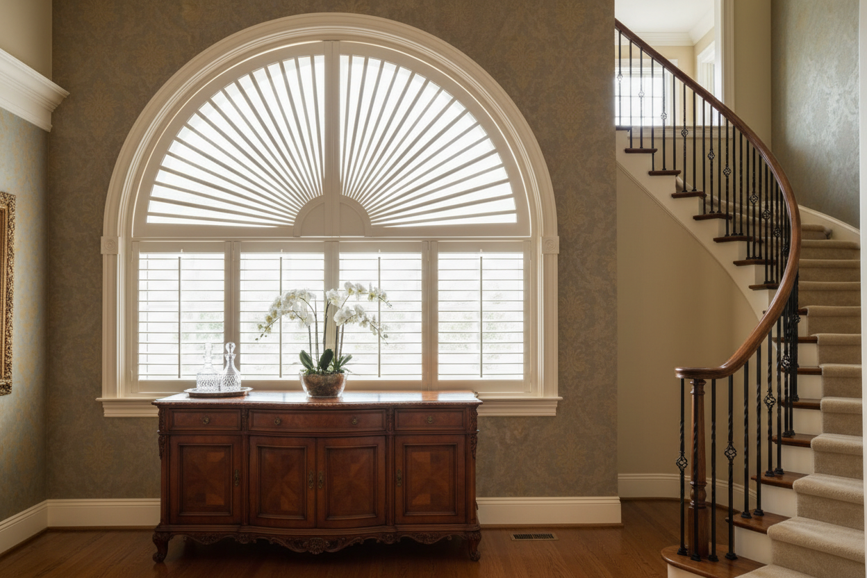 Custom eyebrow arch fan shutter in an elegant dining room or staircase landing