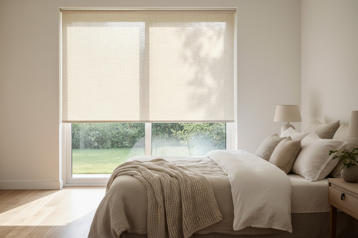 Natural linen roller shades in a bright bedroom with morning light