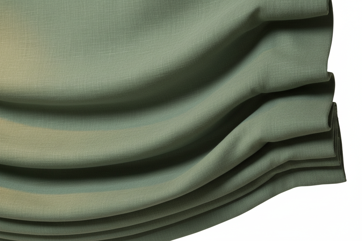 Close-up of sage green hobbled roman shade fabric showing cascading fold detail