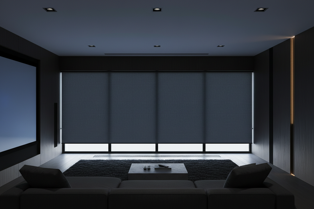 Deep charcoal blackout roller shades in a modern media room