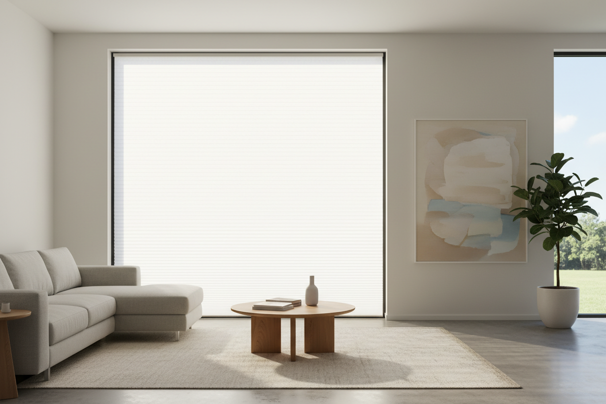 Single cell light filtering honeycomb shades in white in a bright modern living room