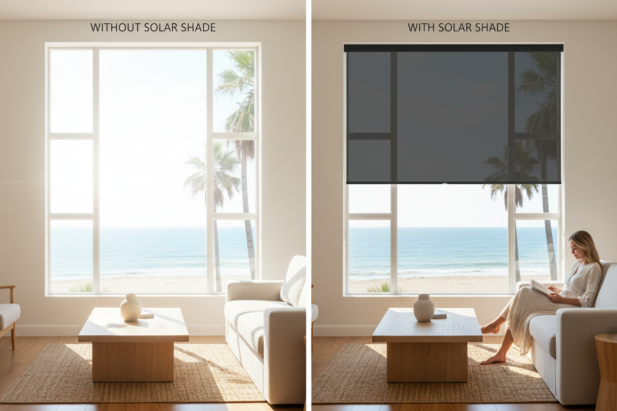Solar screen shades demonstrating glare reduction on a sunny day