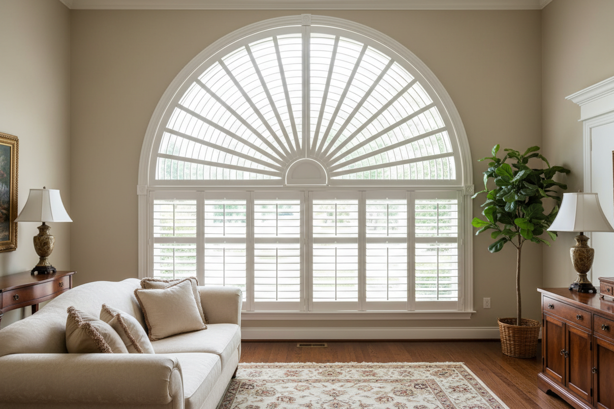 Custom arched fan shutter in living room matching rectangular shutters on lower windows