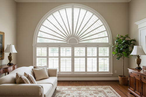 Custom arched fan shutter in living room matching rectangular shutters on lower windows