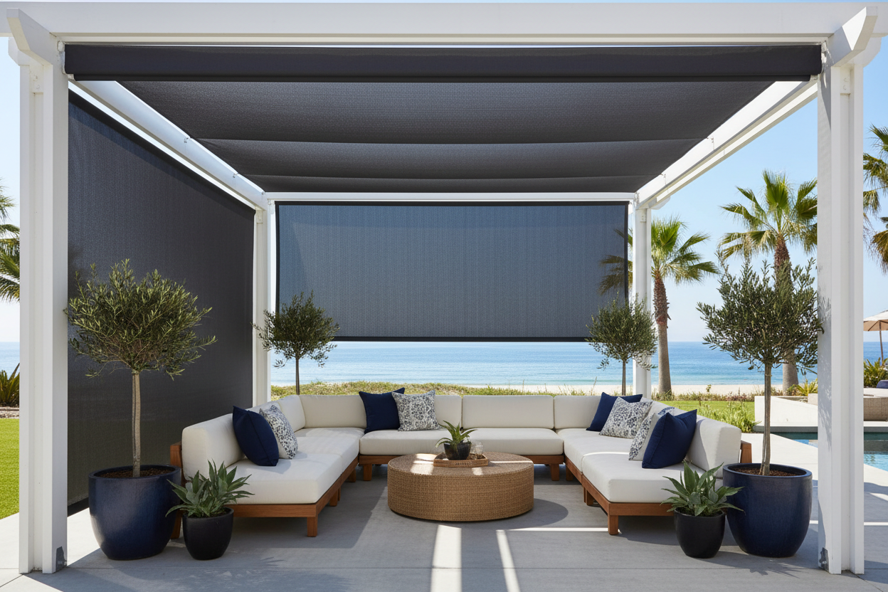 Exterior solar shade in charcoal installed on a modern outdoor patio blocking harsh sunlight