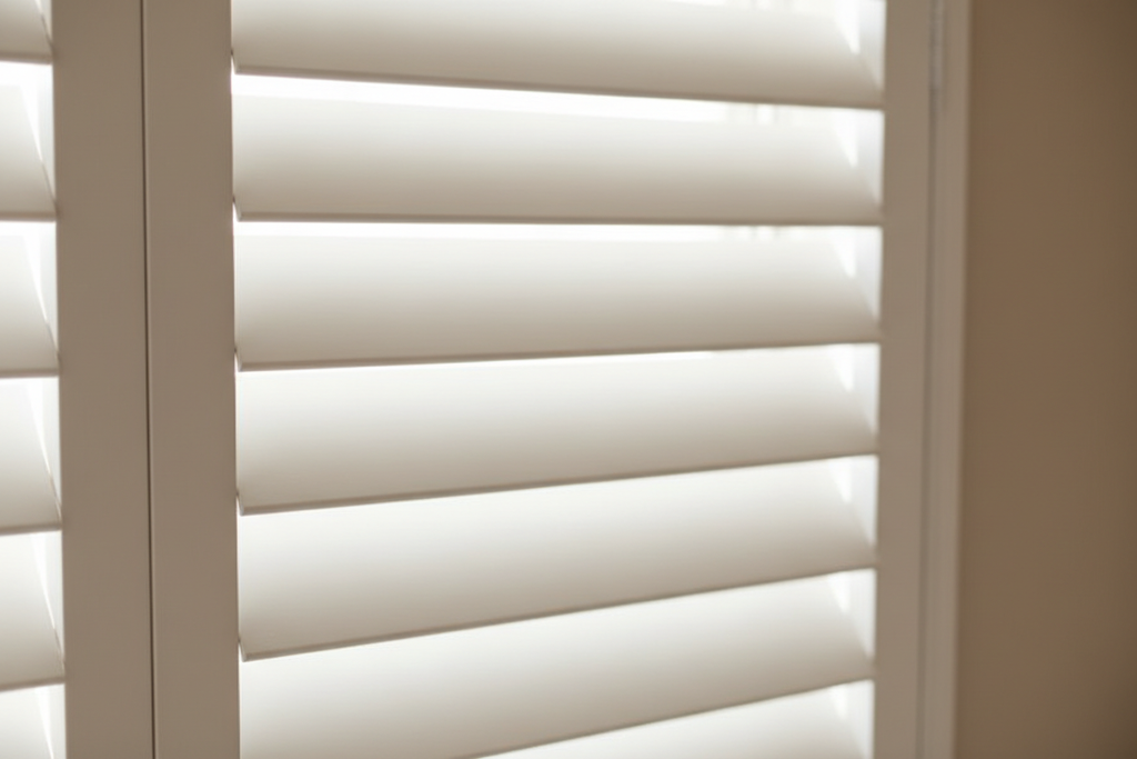 Close-up of wide 3.5 inch basswood louvers on café-style plantation shutters in soft white