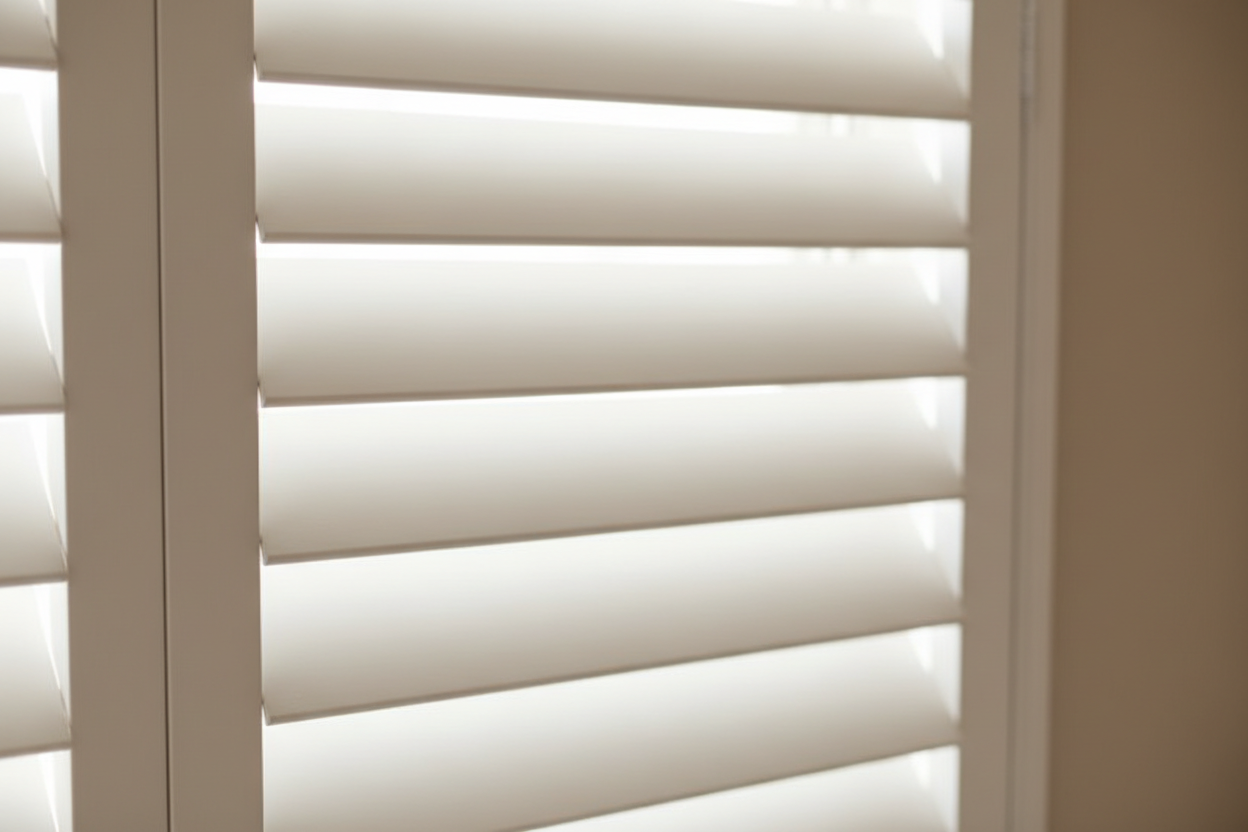 Close-up of wide 3.5 inch basswood louvers on café-style plantation shutters in soft white