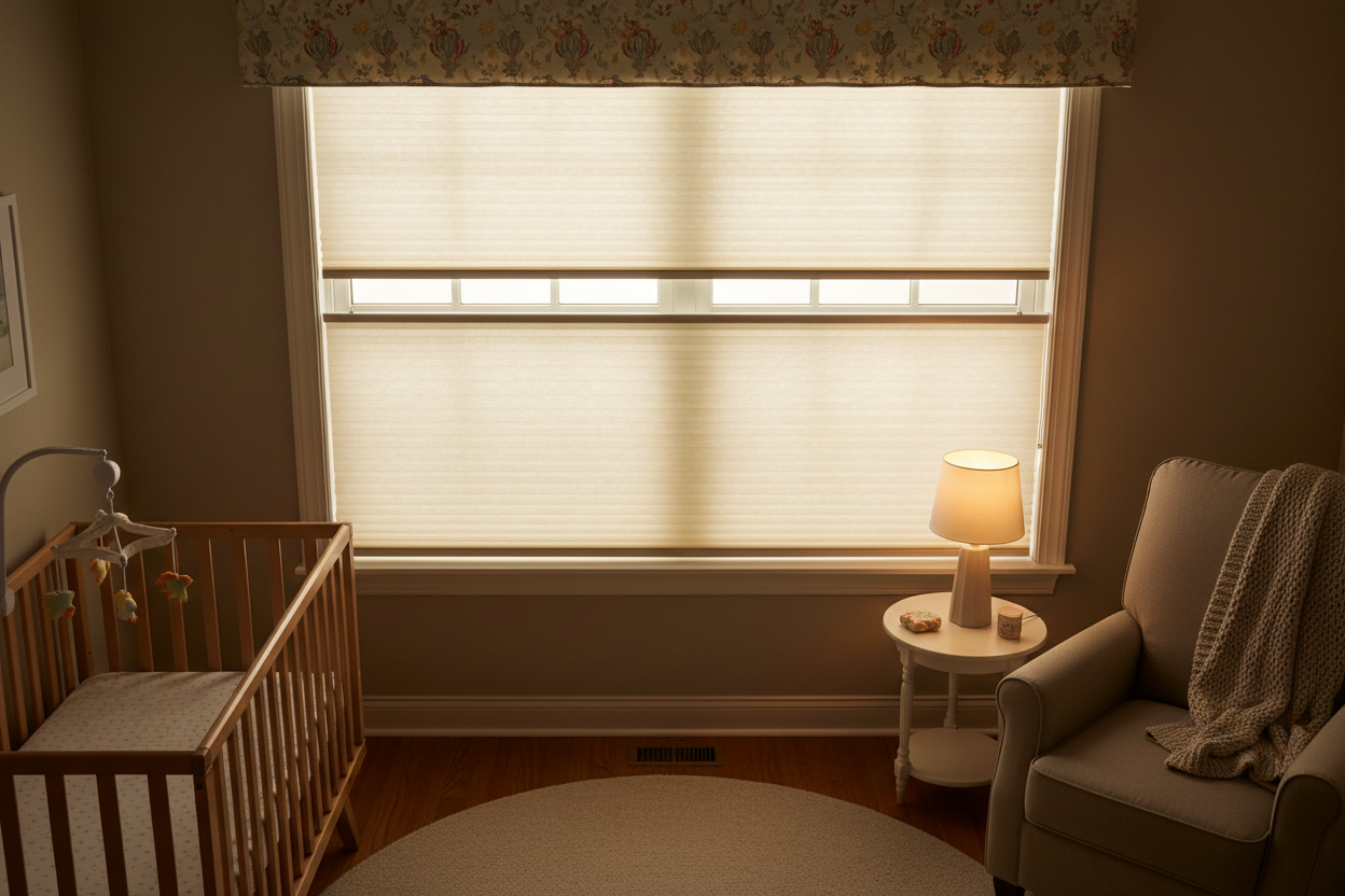 Top-down bottom-up cordless cellular shades in a nursery with both rails positioned for privacy in the middle