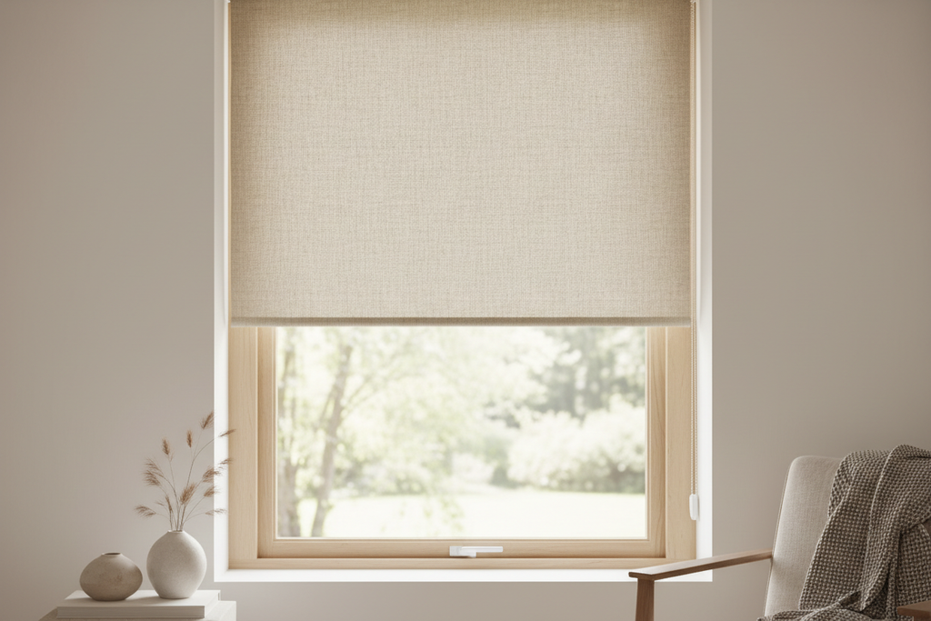 Natural linen roller shade partially rolled up showing cordless lift mechanism