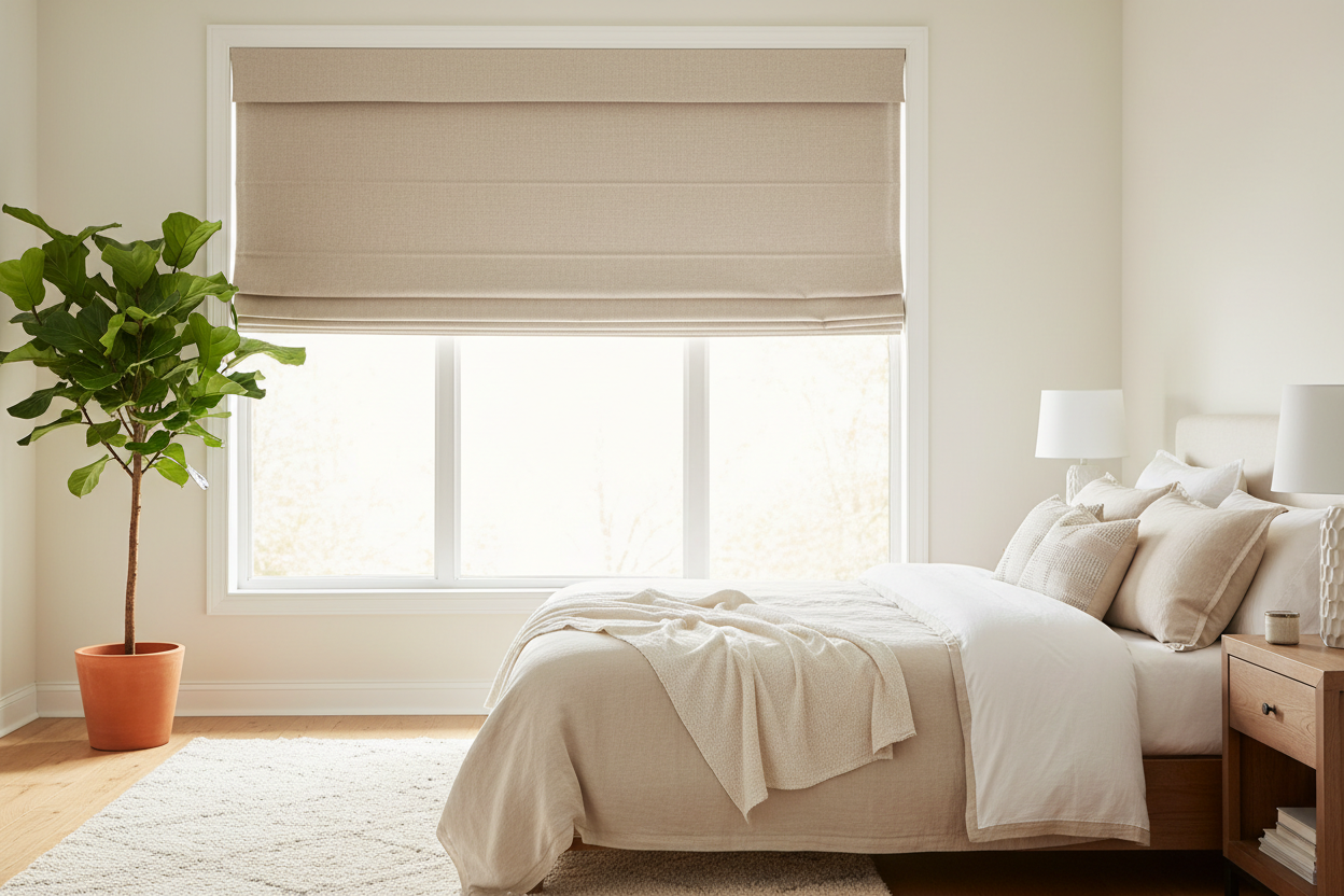 Flat fold roman shades in soft linen raised showing clean stacked folds in a bedroom