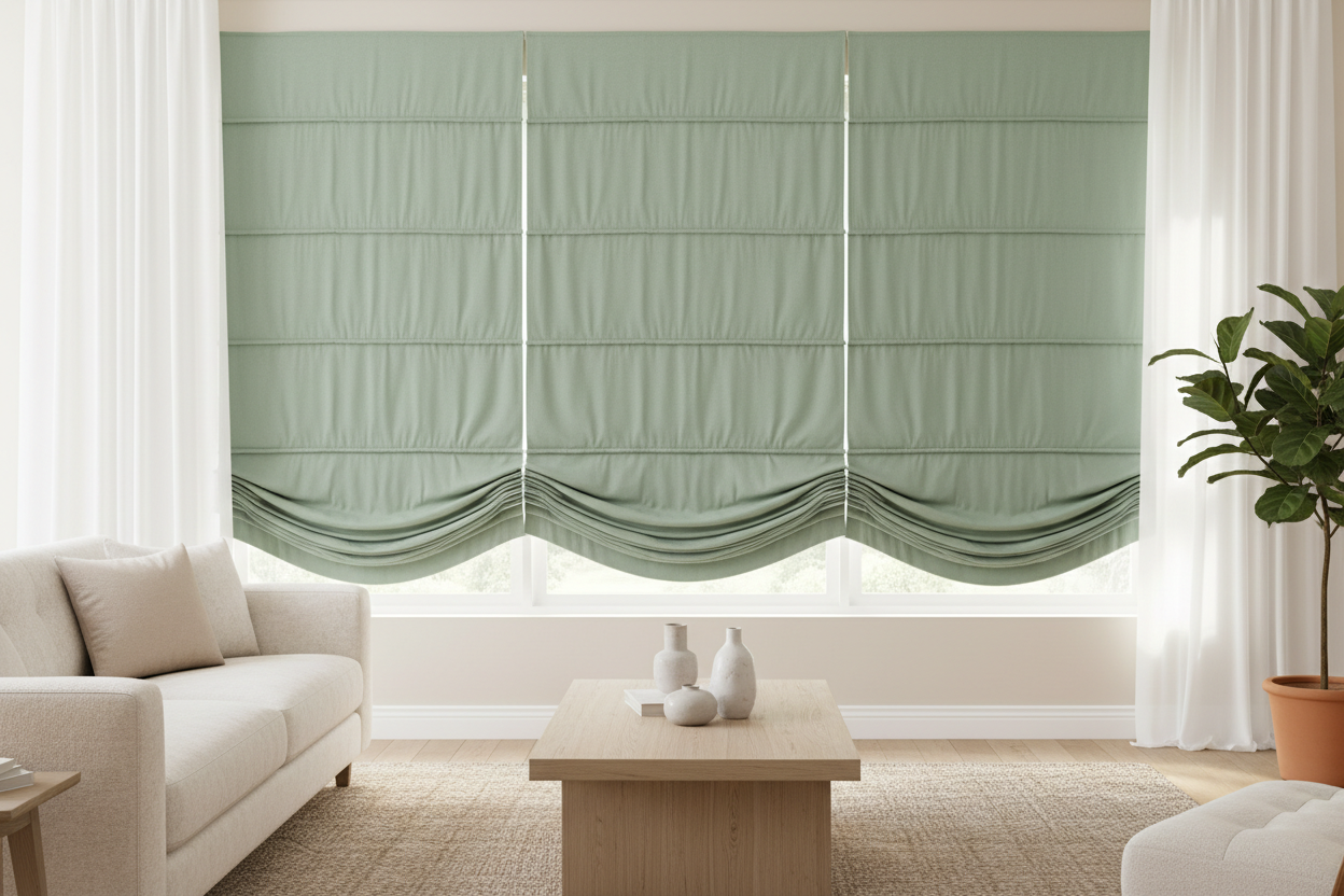 Hobbled roman shades in sage green with cascading waterfall folds in a living room