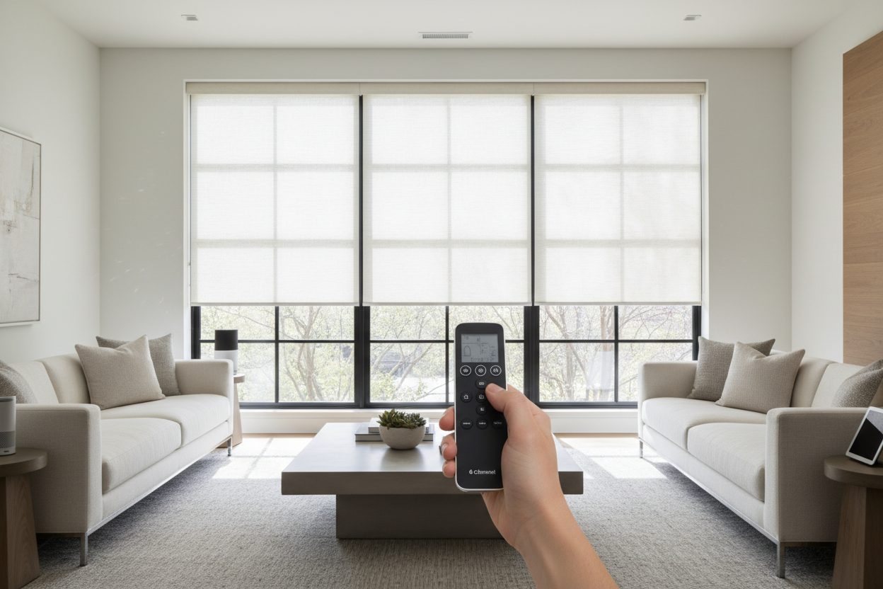Person using 6-channel remote to operate motorized window shades in a modern living room