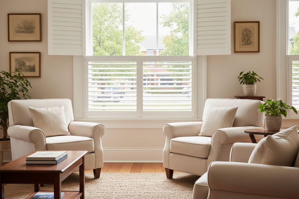 Café-style plantation shutters on a street-facing window providing privacy while letting light in above