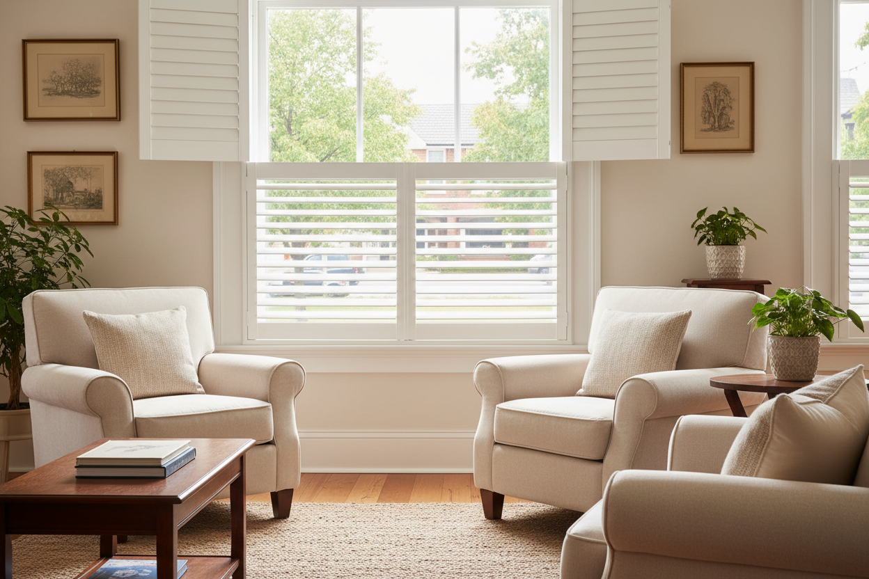 Café-style plantation shutters on a street-facing window providing privacy while letting light in above