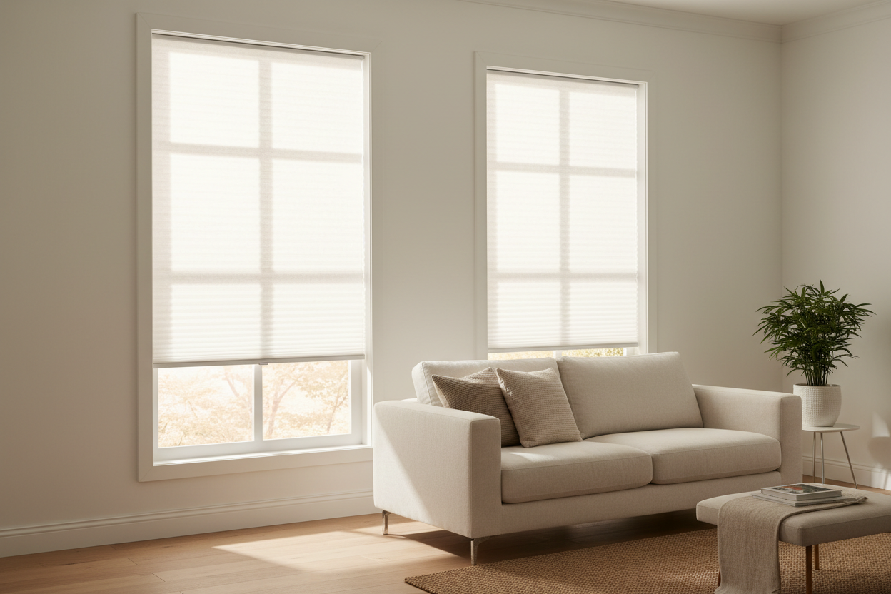 White honeycomb cellular shades partially raised showing cordless lift mechanism