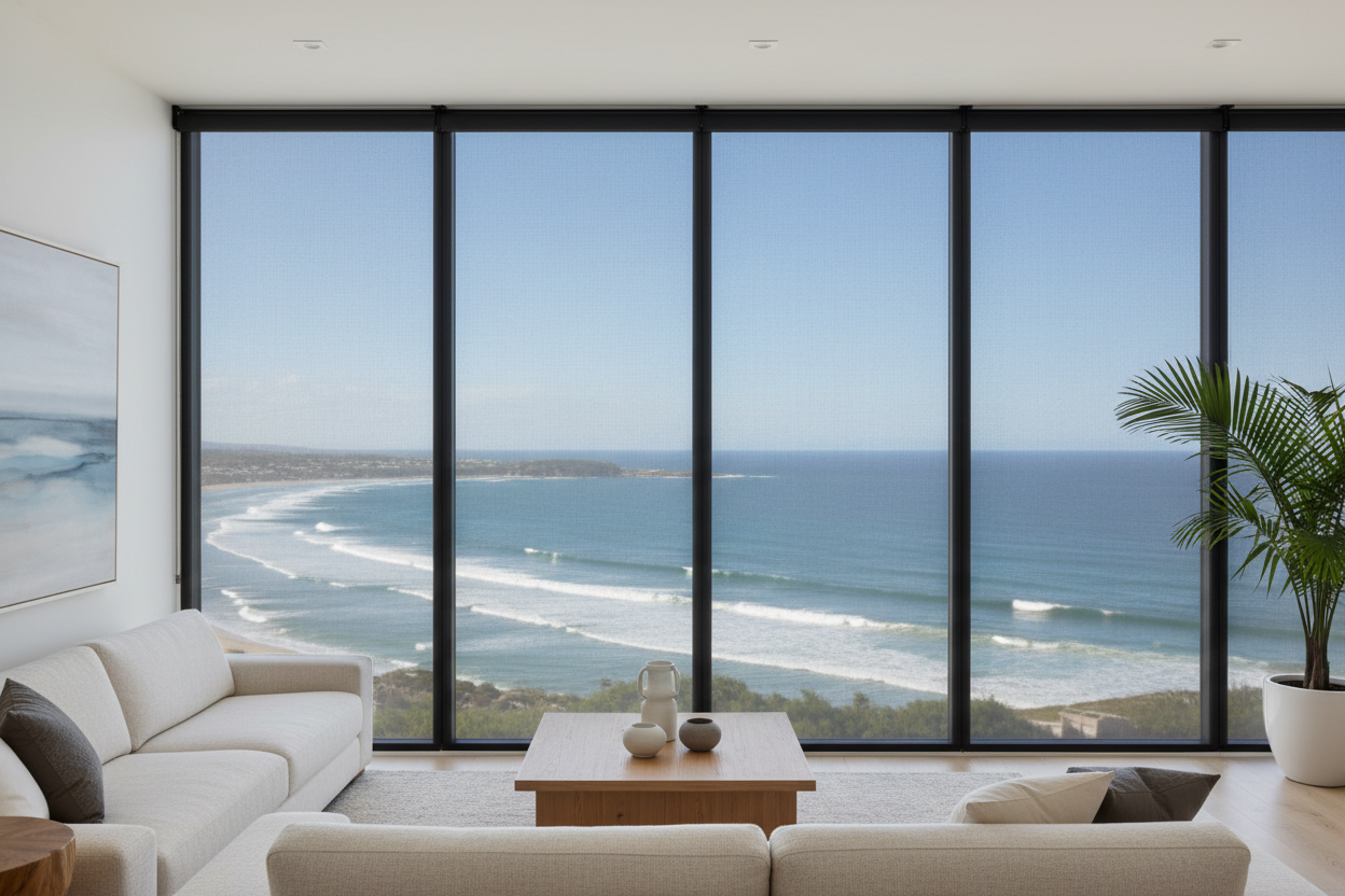Solar screen shades in charcoal on floor-to-ceiling windows with ocean view