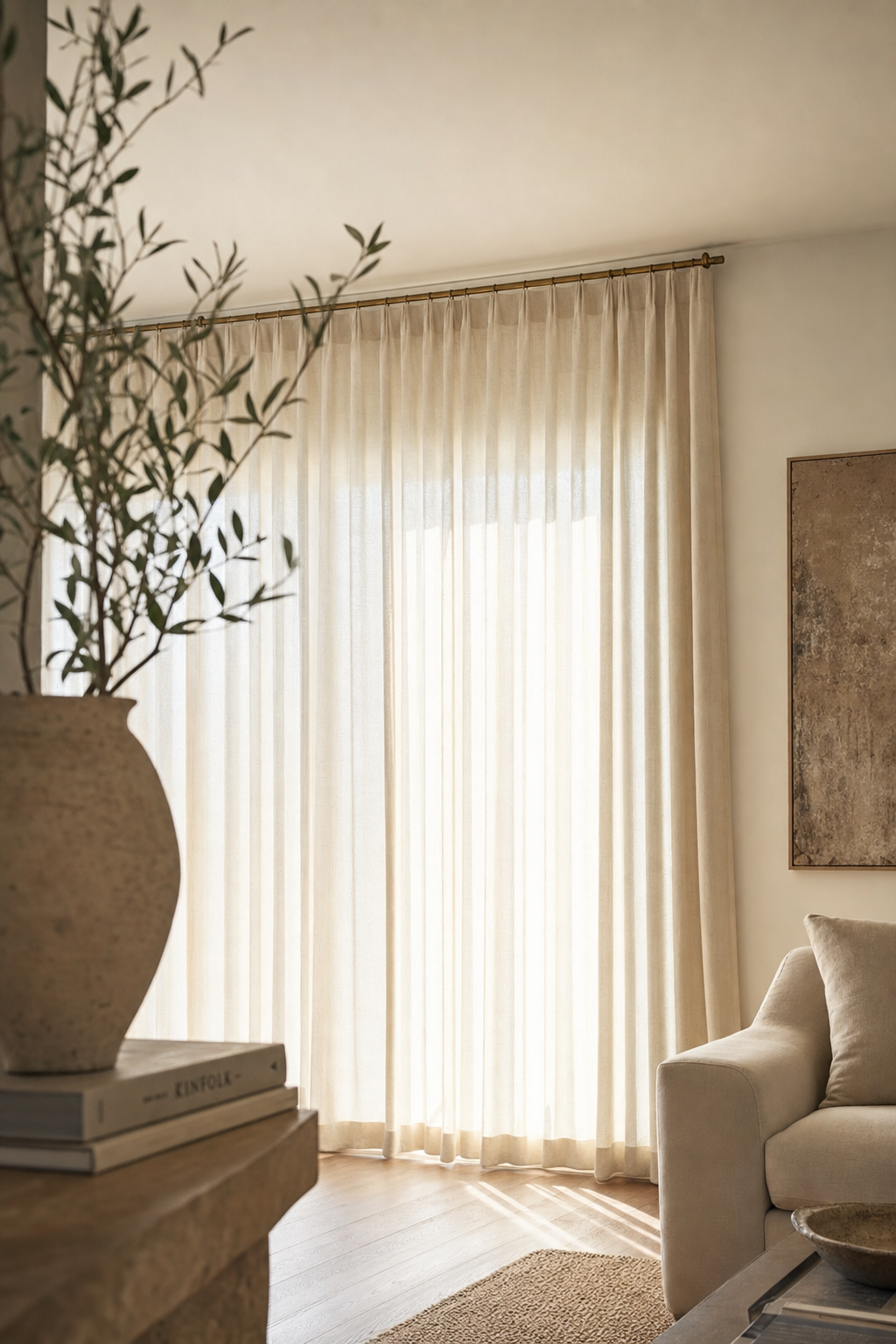 Floor-to-ceiling ivory linen pinch-pleat drapery hung from a brushed-bronze rod in a sunlit modern living room