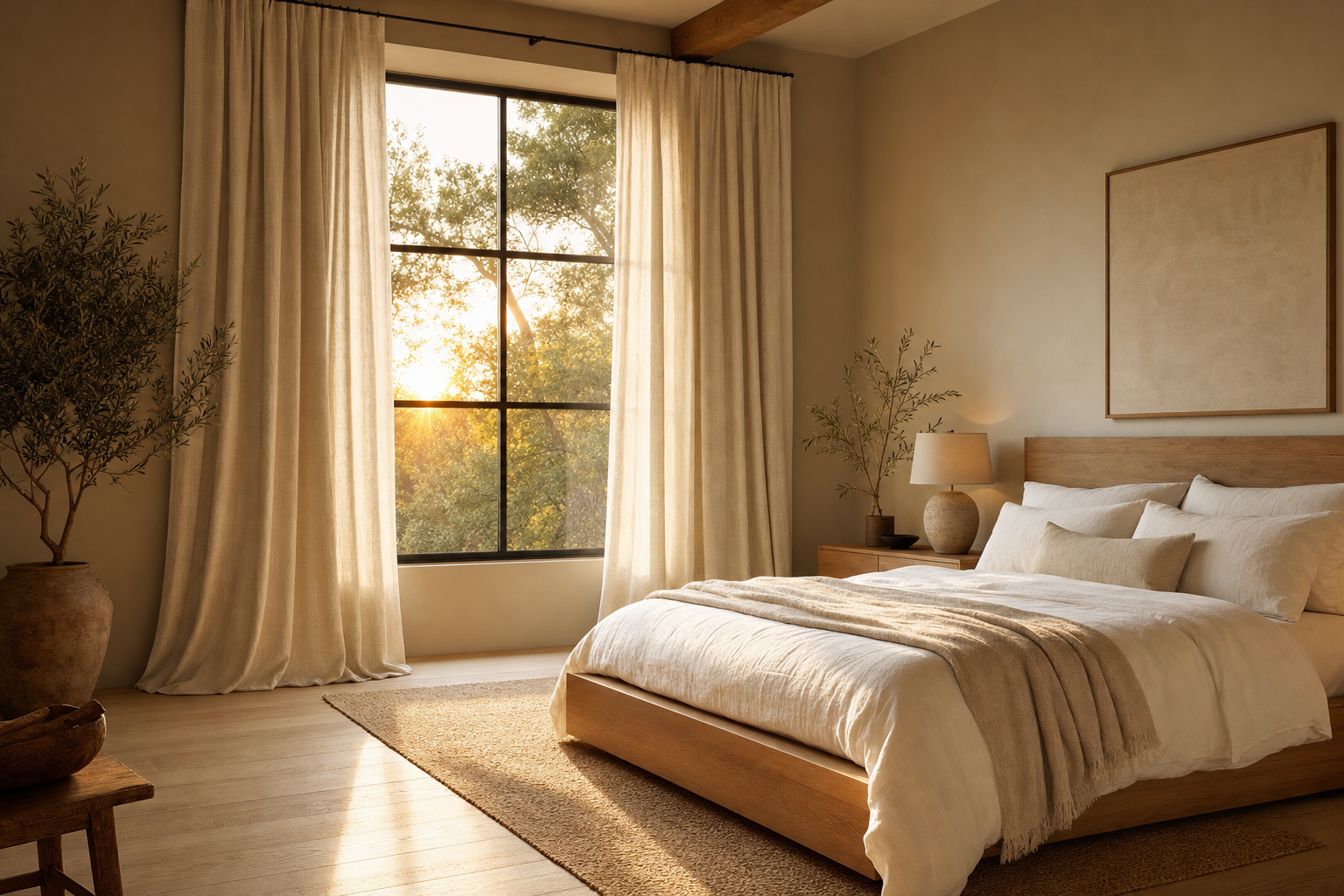 Serene bedroom at golden hour framed by full-length ivory linen drapery panels