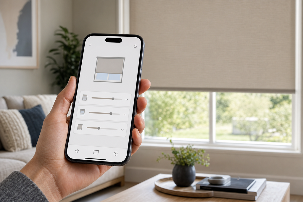 Hand holding a smartphone running a home-automation app to control a motorized roller shade