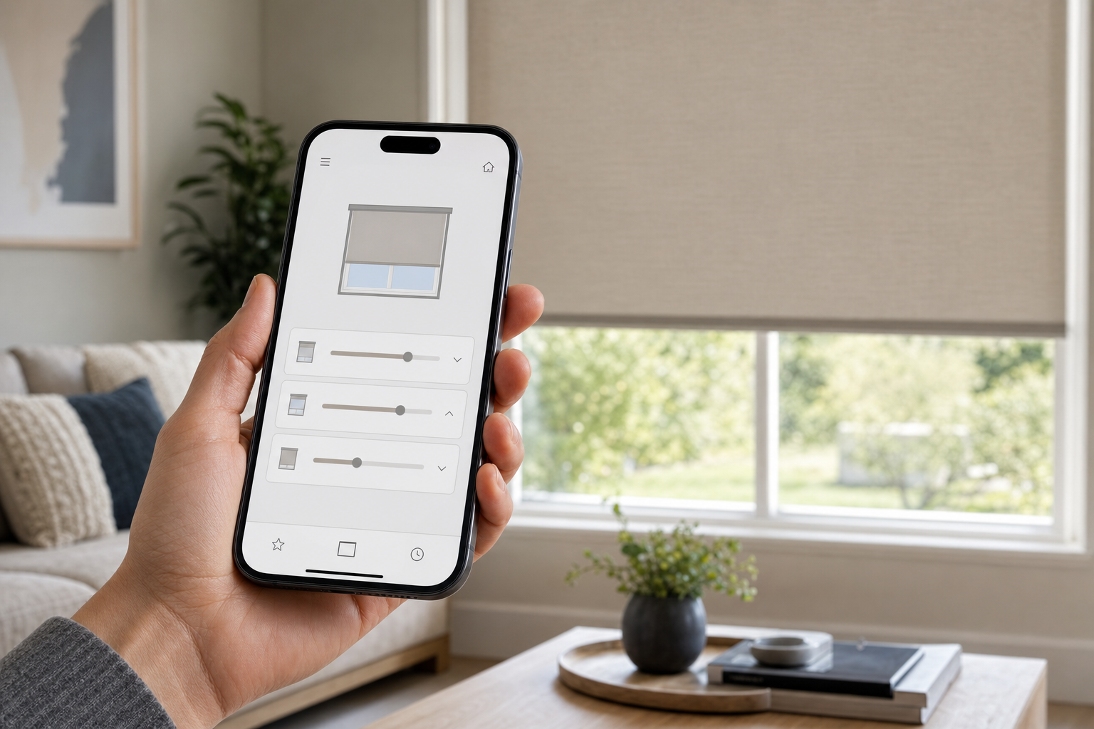 Hand holding a smartphone running a home-automation app to control a motorized roller shade