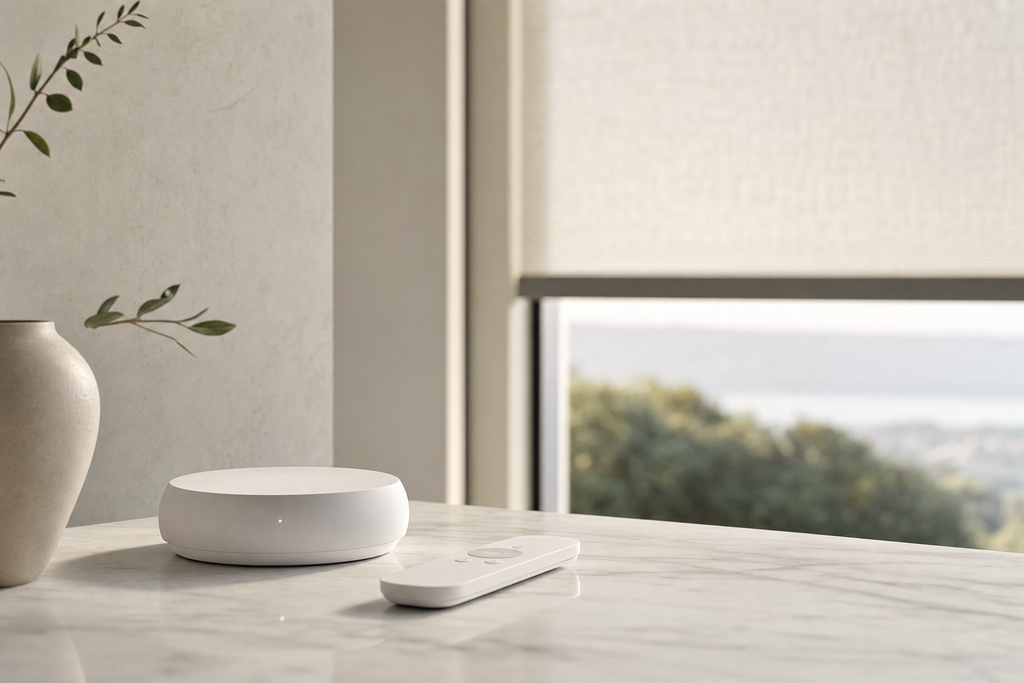 Discreet white smart hub and slim remote on a marble shelf in front of a motorized shade